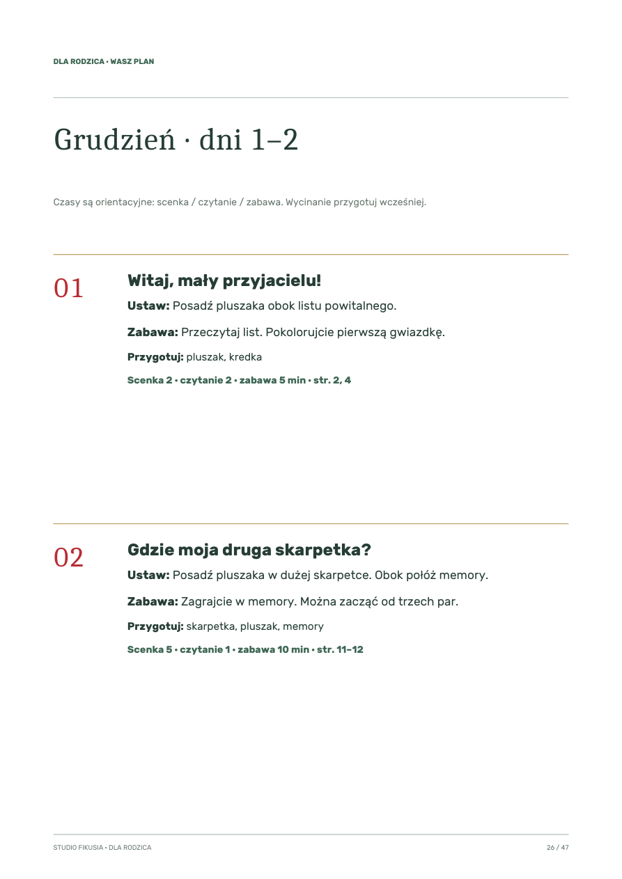 Strona 26 zestawu: plan dla rodzica na 1 i 2 grudnia z punktami Ustaw, Zabawa i Przygotuj.